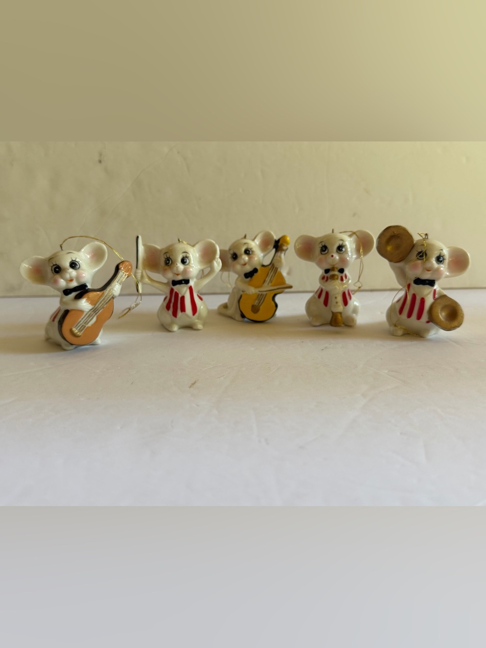 Set Of 5 Vintage Musician Mice Ceramic Christmas Ornaments Made In Taiwan